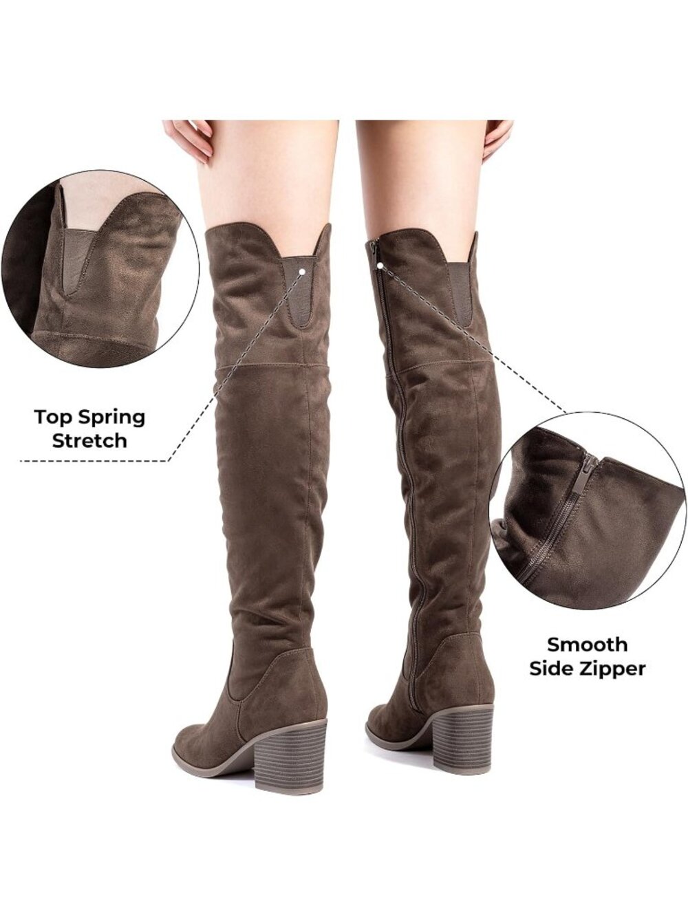 Women's Khaki Sexy Stacked Block Heel Comfortable Side Zipper Over the Knee Boot - Picture 5 of 6